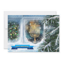 Lycklig Hanukkah. Fönsterscen i snö med Menorah