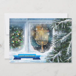 Lycklig Hanukkah. Fönsterscen i snö med Menorah Julkort