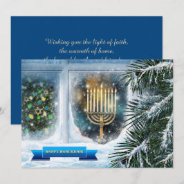Lycklig Hanukkah. Fönsterscen i snö med Menorah Julkort