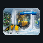 Lycklig Hanukkah. Fönsterscen i snö med Menorah Magnet<br><div class="desc">Lycklig Hanukkah. Fönsterscen i snö med fåglar och anpassadet Menorah Candles målning Gaffnet Magnets. Matchningskort och gåvor tillgängliga i de judiska Helgdagarna | Hanukkah Kategori för vår butik.</div>