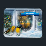 Lycklig Hanukkah. Fönsterscen i snö med Menorah Magnet<br><div class="desc">Lycklig Hanukkah. Fönsterscen i snö med fåglar och anpassadet Menorah Candles målning Gaffnet Magnets. Matchningskort och gåvor tillgängliga i de judiska Helgdagarna | Hanukkah Kategori för vår butik.</div>