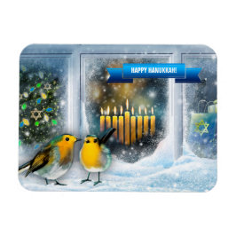 Lycklig Hanukkah. Fönsterscen i snö med Menorah Magnet