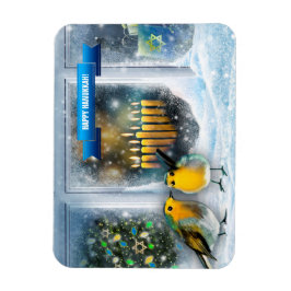 Lycklig Hanukkah. Fönsterscen i snö med Menorah Magnet