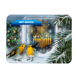 Lycklig Hanukkah. Fönsterscen i snö med Menorah Magnet