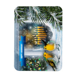 Lycklig Hanukkah. Fönsterscen i snö med Menorah Magnet