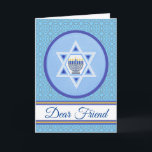Lycklig Hanukkah för en Bäste vän Lägg till Namn Kort<br><div class="desc">Lycklig Hanukkah,  för en käre vän. Lägg till din väns namn i omslaget på Hanukkah-hälsningskortet för en anpassningsbar. En digital illustration med en menorah,  mönster i sidled och David stjärna. Art,  bild och versell copyright © Shoaff Ballanger Studios,  2024.</div>