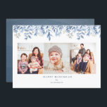 Lycklig Hanukkah-fotosamlingskort blommigt helgdag Julkort<br><div class="desc">Modern,  elegant,  Hanukkah-fotokort med helgdag av blått blommigt i gräns. Anpassa med din hälsning och din familj namn. 3 perfekt för fotokort för att  din familj med vänner och nära och kära.</div>