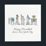 Lycklig Hanukkah från New York City NYC Chanukah Pappersservett<br><div class="desc">Utformningen har en originalillustration av New York City-markeringar i bläck, inklusive Frihetsgudinnan, Washington Square Arch och Brooklyn Bridge, "klädd" för julhelgen. Idealisk för att ha firat Hanukkah och de judiska helgdagarna. Den här NYC-designen finns även på andra produkter. Det finns också en samordning av Chanukah party-formgivningarna. Ser du inte vad...</div>