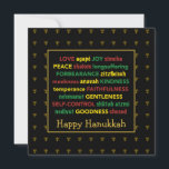 LYCKLIG HANUKKAH Fruit of the Spirit Menorah BLACK Julkort<br><div class="desc">Färgt hälsningskort Lycklig Hanukkah med faux guld-menorahs i subtil bakgrund mönster. FRUKT AV SPIRIT, inklusive hebreiska översättningar, är skriven i rött, gult och grönt. LYCKLIG HANUKKAH är anpassadet om ni vill lägga till ytterligare ett hälsning. Meddelandet inuti kan också ändras till ett av dina val, och du kan lägga till...</div>