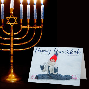 Lycklig Hanukkah Fullt Photo Modern Blue Script Helgkort