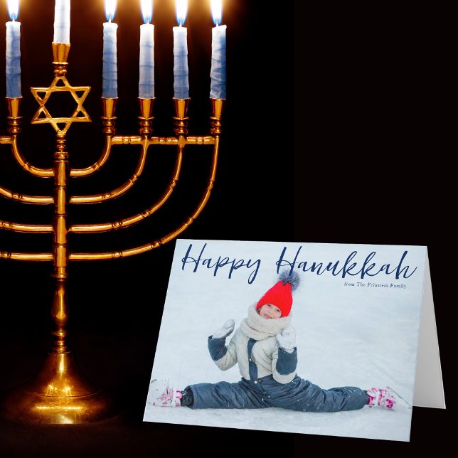 Lycklig Hanukkah Fullt Photo Modern Blue Script Helgkort (Skapare uppladdad)