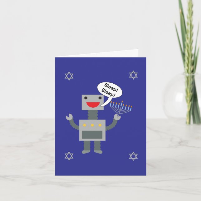 Lycklig Hanukkah Funny Robot Bsov Blue Personalize Helgkort (Framsida)