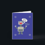 Lycklig Hanukkah Funny Robot Bsov Blue Personalize Helgkort<br><div class="desc">En lustig Hanukkah-design med en robot som säger "Bsov! "Vila!" medan du håller en menorah och omgiven av fyra stjärnor av David mot en blå bakgrund. Insidan säger: "Vilo! "Lycklig Hanukkah!" är Robot för "Hanukkah!" Texten kan ändras och personligen anpassas efter dina behov.</div>
