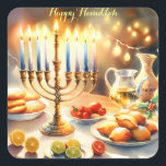 Lycklig Hanukkah Fyrkantigt Klistermärke<br><div class="desc">Vattenfärgillustration för Hanukkah. Ett vackert arrangerat bord-set för ett festligt firande,  med en traditionell menorah med tända ljus. Mjuk,  varm lampa,  medan helgdag tillför en gnutta glädje. Varma ljus som skapar en mysigt atmosfär som inbjuder till det.</div>