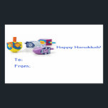 Lycklig Hanukkah Gift Label Stickers Rektangulärt Klistermärke<br><div class="desc">Gör det enkelt och snabbt att avsluta och identifiera dina inslagna presenter med fläkt med Hanukkah med dessa lycklig-klistermärken! Lycklig Latkes alla!</div>
