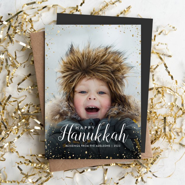 Lycklig Hanukkah | Glitz Faux Glitter Photo Overla Julkort (Skapare uppladdad)
