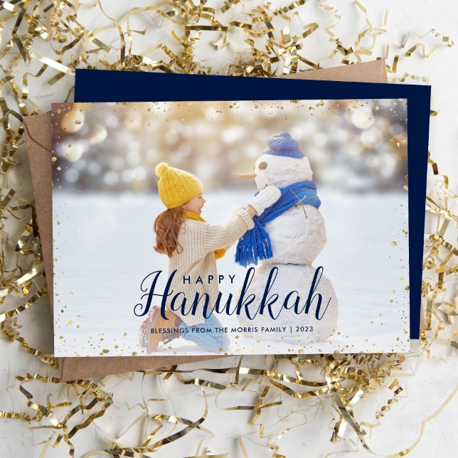 Lycklig Hanukkah | Glitz Faux Glitter Photo Overla Julkort (Skapare uppladdad)