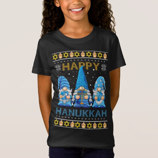 Lycklig Hanukkah Gnome Gnomies Menorah Pajama Ugly T Shirt (Framsida)