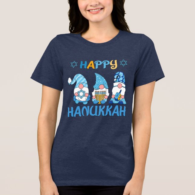 Lycklig Hanukkah Gnomes Dreidel Menorah T Shirt (Framsida)