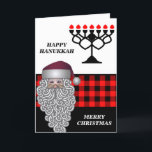 Lycklig Hanukkah & God jul Helgdag Card Helgkort<br><div class="desc">Lycklig Hanukkah & God jul Helgdag Card har röd buffelplatta bakgrund Menorah och ett sött ansikte. Insidan av kortet har en personlig meddelandemall.Ett perfekt hälsningskort för Hanukkah och jul. Klicka på knappen Anpassa för att anpassa den med din egen text.</div>