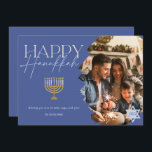 Lycklig Hanukkah guld blåskript menorah-foto Julkort<br><div class="desc">Lycklig Hanukkah modern guld-blåskript,  menorah-foto</div>