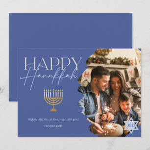 Lycklig Hanukkah guld blåskript menorah-foto Julkort