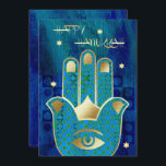 Lycklig Hanukkah. Guld Hamsa Hand Julkort<br><div class="desc">Lycklig Hanukkah. Elegant Festive Gold Foil Hamsa Hand Lucky Symbol och David har designat anpassade Hanukkah Greeting Card / Hanukkah Firande inbjudningar med personlig text. Matchningskort,  inbjudningar till partier,  favoriter och gåvor som finns tillgängliga i de judiska Helgdagarna/Hanukkah-kategorin i vår butik.</div>