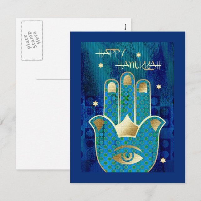 Lycklig Hanukkah. Guld Hamsa Hand Symbol Helg Vykort (Fram/baksida)