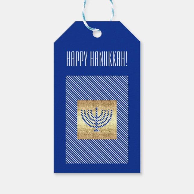 Lycklig Hanukkah. Guld Menorah Anpassningsbar Presentetikett (Framsidan)