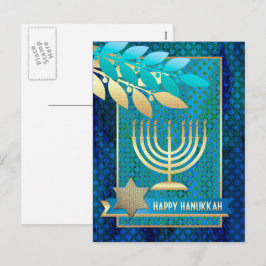 Lycklig Hanukkah. Guld Menorah & David Star Helg Vykort