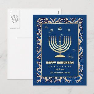 Lycklig Hanukkah. Guld Menorah Helg Vykort