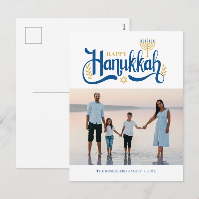 ’Lycklig Hanukkah’ Guld Menorah Helg Vykort (Fram/baksida)