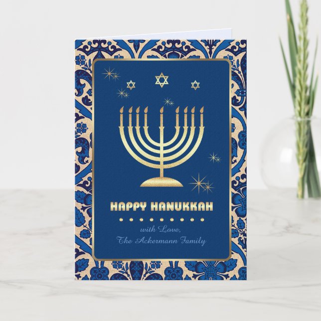 Lycklig Hanukkah. Guld Menorah Helgkort (Framsida)
