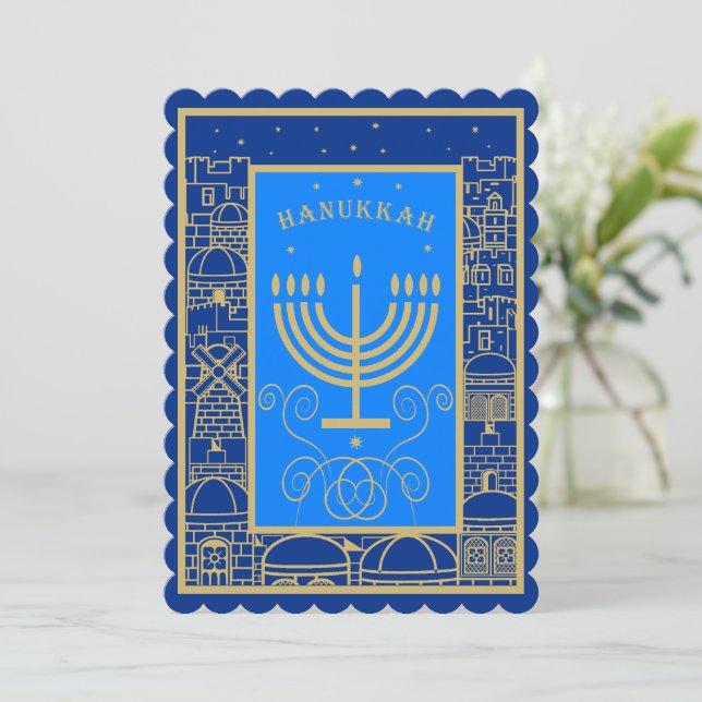 Lycklig Hanukkah Guld Menorah Jewish Helgdag Julkort (Stående Fram)