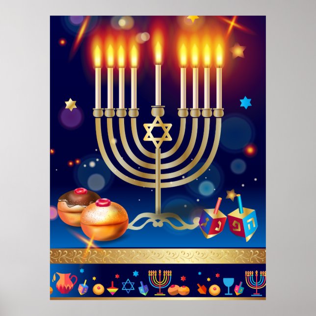 Lycklig Hanukkah Guld Menorah Ljus Art Poster (Framsidan)
