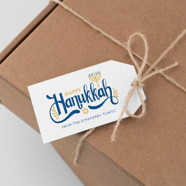 ’Lycklig Hanukkah’ Guld Menorah Presentetikett