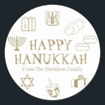 Lycklig Hanukkah guld, vit förmån för tullnamnsgåv Runt Klistermärke<br><div class="desc">Lycklig Hanukkah,  skräddarsy namn-presentdekalerna Lycklig Hanukkah,  Lycklig Chanukah,  Hanukkah Sameach!,  Chag Sameach!,  Chag Urim Sameach! faux guld och white</div>