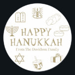 Lycklig Hanukkah guld, vit förmån för tullnamnsgåv Runt Klistermärke<br><div class="desc">Lycklig Hanukkah,  skräddarsy namn-presentdekalerna Lycklig Hanukkah,  Lycklig Chanukah,  Hanukkah Sameach!,  Chag Sameach!,  Chag Urim Sameach! faux guld och white</div>