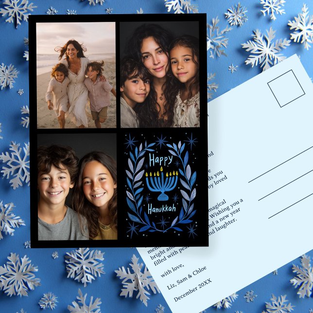 LYCKLIG HANUKKAH Hand Drawn ANPASSNINGSBAR 3 PHOTO Helg Vykort (HAPPY HANUKKAH Hand-Drawn CUSTOM 3 PHOTO Collage Holiday Postcard
)