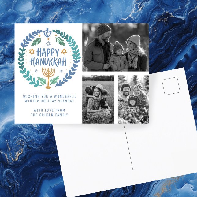 Lycklig Hanukkah Hand-Drawn ANPASSNINGSBAR 3 PHOTO Vykort (Happy Hanukkah Hand-Drawn CUSTOM 3 PHOTOS Holiday Postcard
)