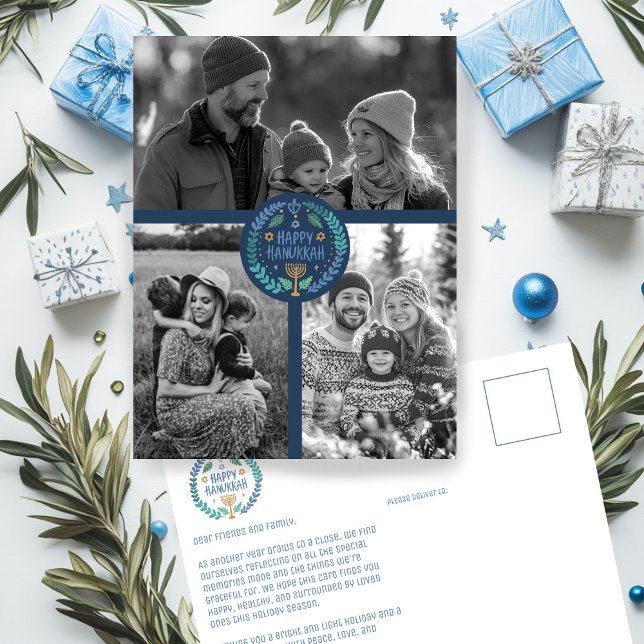 Lycklig Hanukkah Hand-Drawn ANPASSNINGSBAR 3 PHOTO Vykort (Happy Hanukkah Hand-Drawn CUSTOM PHOTOS Holiday Postcard
)