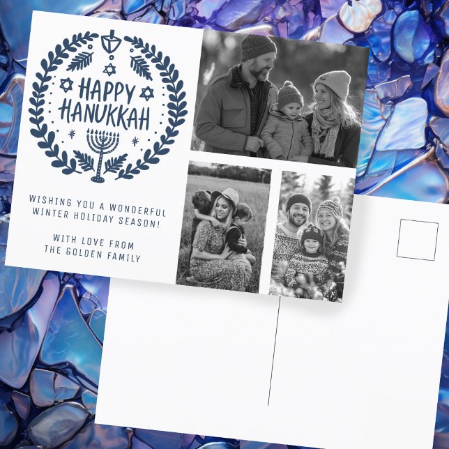Lycklig Hanukkah Hand-Drawn ANPASSNINGSBAR 3 PHOTO Vykort (Happy Hanukkah Hand-Drawn CUSTOM three PHOTOS Modern Holiday Postcard
)