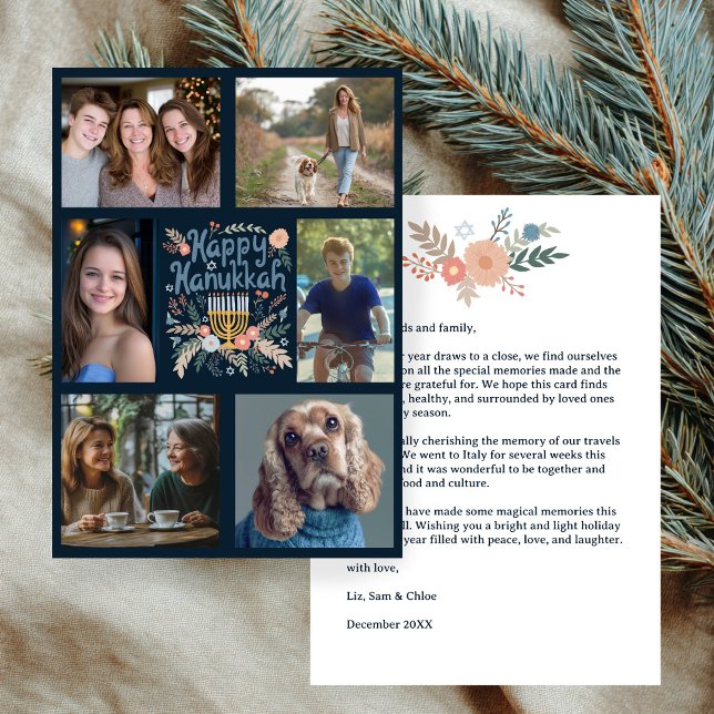 LYCKLIG HANUKKAH Hand Drawn ANPASSNINGSBAR 6 PHOTO Julkort (HAPPY HANUKKAH Hand-Drawn Floral Botanical CUSTOM 6 PHOTO Holiday Card
)