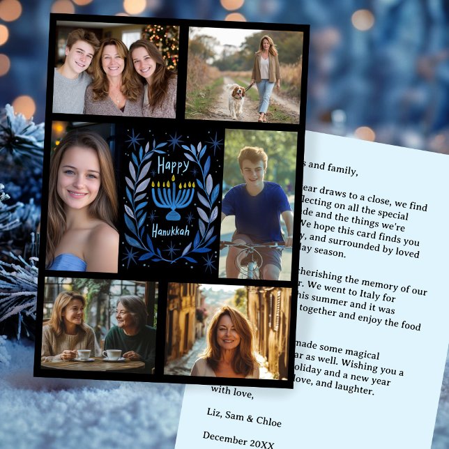 LYCKLIG HANUKKAH Hand Drawn ANPASSNINGSBAR 6 PHOTO Julkort (HAPPY HANUKKAH Hand-Drawn CUSTOM 6 PHOTO Collage Double-Sided Holiday Card / Digital Download
)