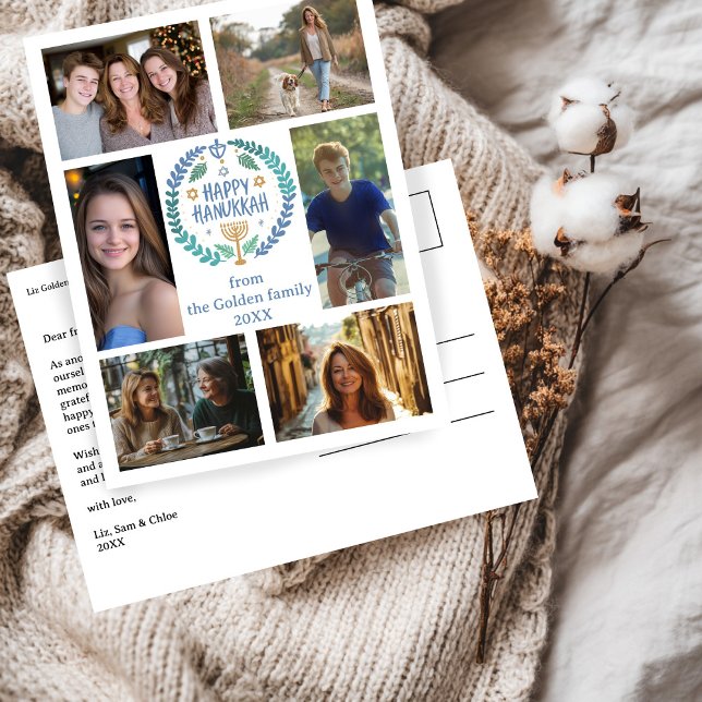 LYCKLIG HANUKKAH Hand Drawn ANPASSNINGSBAR 6 PHOTO Vykort (HAPPY HANUKKAH Hand-Drawn CUSTOM 6 PHOTO Collage Holiday Postcard
)