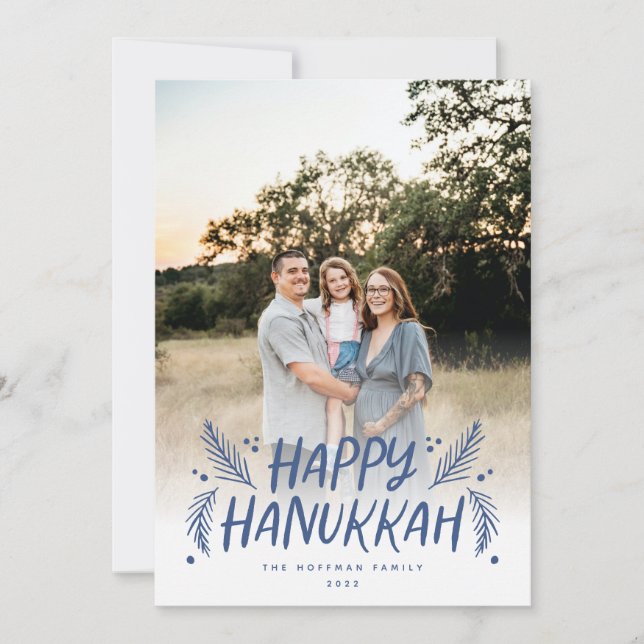 Lycklig Hanukkah Hand plockade Löv Snö Blue Photo Julkort (Framsida)