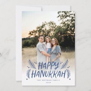Lycklig Hanukkah Hand plockade Löv Snö Blue Photo Julkort
