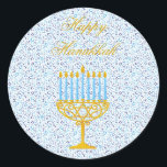 LYCKLIG HANUKKAH Hebrew ANPASSADE Stickers Runt Klistermärke<br><div class="desc">LYCKLIG HANNUKAH Helgdag Gift Stickers med stjärnor av David, Menorah och Hebrew Brev - Att bota odiskutabelt klassens stil är denna unika Hanukah-presentklistermärken är perfekt att ge leende på ansikte som dina vänner och familj har under Julhelgen!!!!!! Det här är ett vackert Hanukkah-redskap som har en underbar judisk symbol på...</div>