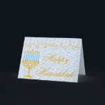 LYCKLIG HANUKKAH Hebrew-ANPASSADETS hälsningskort Kort<br><div class="desc">LYCKLIG HANNUKAH Julhälsningar kort med stjärnor av David, Menorah och Hebrew Brev - det här unika Hanukkah-kortet är en perfekt för att ge dina vänner och din familj leende på ansikte under Julhelgen!!!! Det här är ett vackert Hanukkah-hälsningskort som har underbara judiska symboler på blå och guld färg mönster. Det...</div>