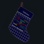 LYCKLIG HANUKKAH Hebrew Kärlek Joy Peace MÖRK BLÅT Liten Julstrumpa<br><div class="desc">Mörk blått LYCKLIG HANUKKAH-strumpor med silver färgad Star av David mönster och KÄRLEK JOY PEACE skriven på engelska och hebrew. Platshållaren hälsning och namn är anpassade så att du kan lägga till ditt namn eller ändra hälsning. Samma design på baksidan. Perfekt sätt att presentera dina små Hanukkah-gåvor. Det är också...</div>